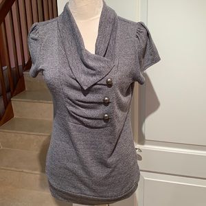 iZ BYER. Gray. Soft cowl neck top. Short sleeves. Ruched w/buttons.